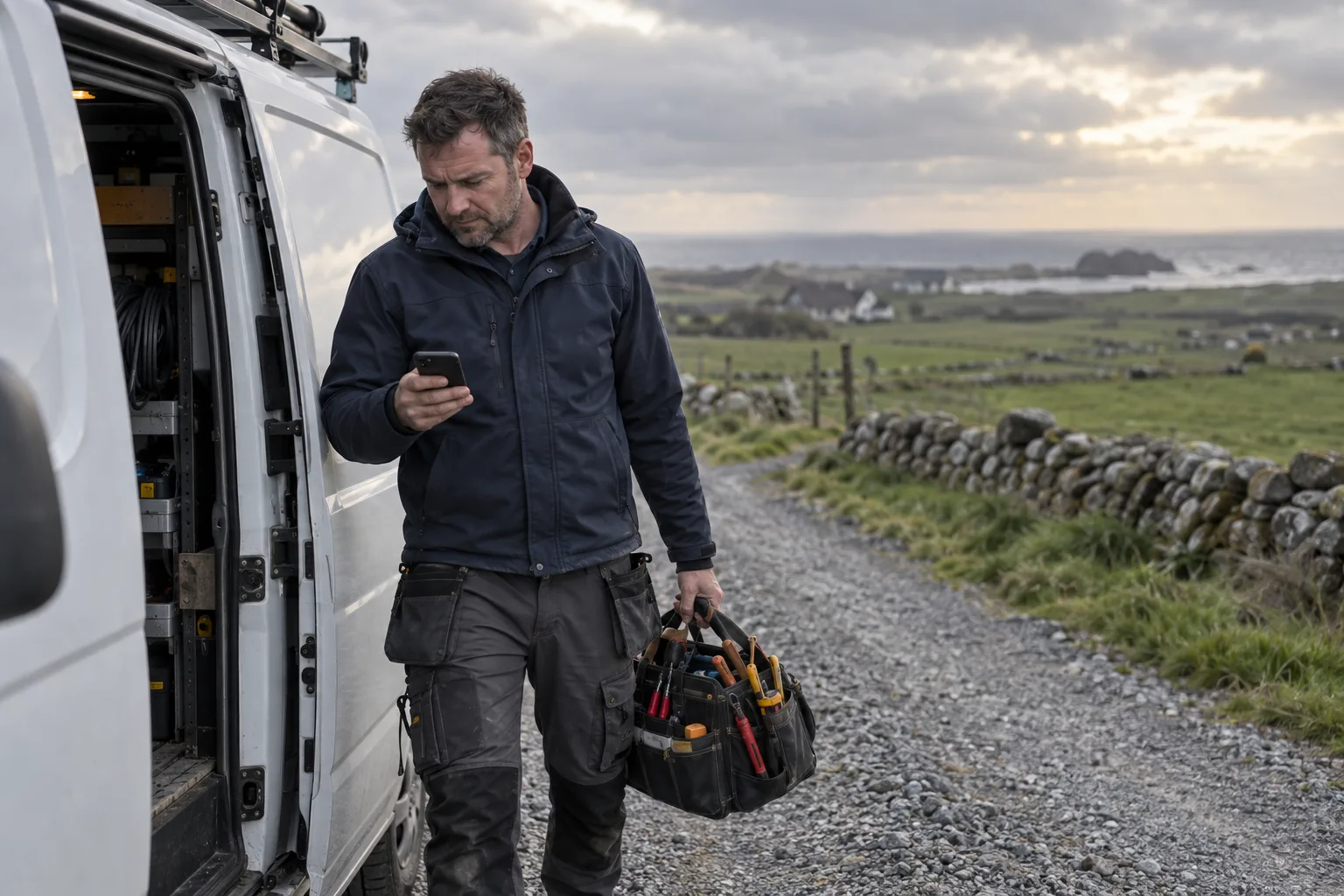 Illustrasjonsfoto: håndverker med verktøybag og telefon ved en varebil på Jæren