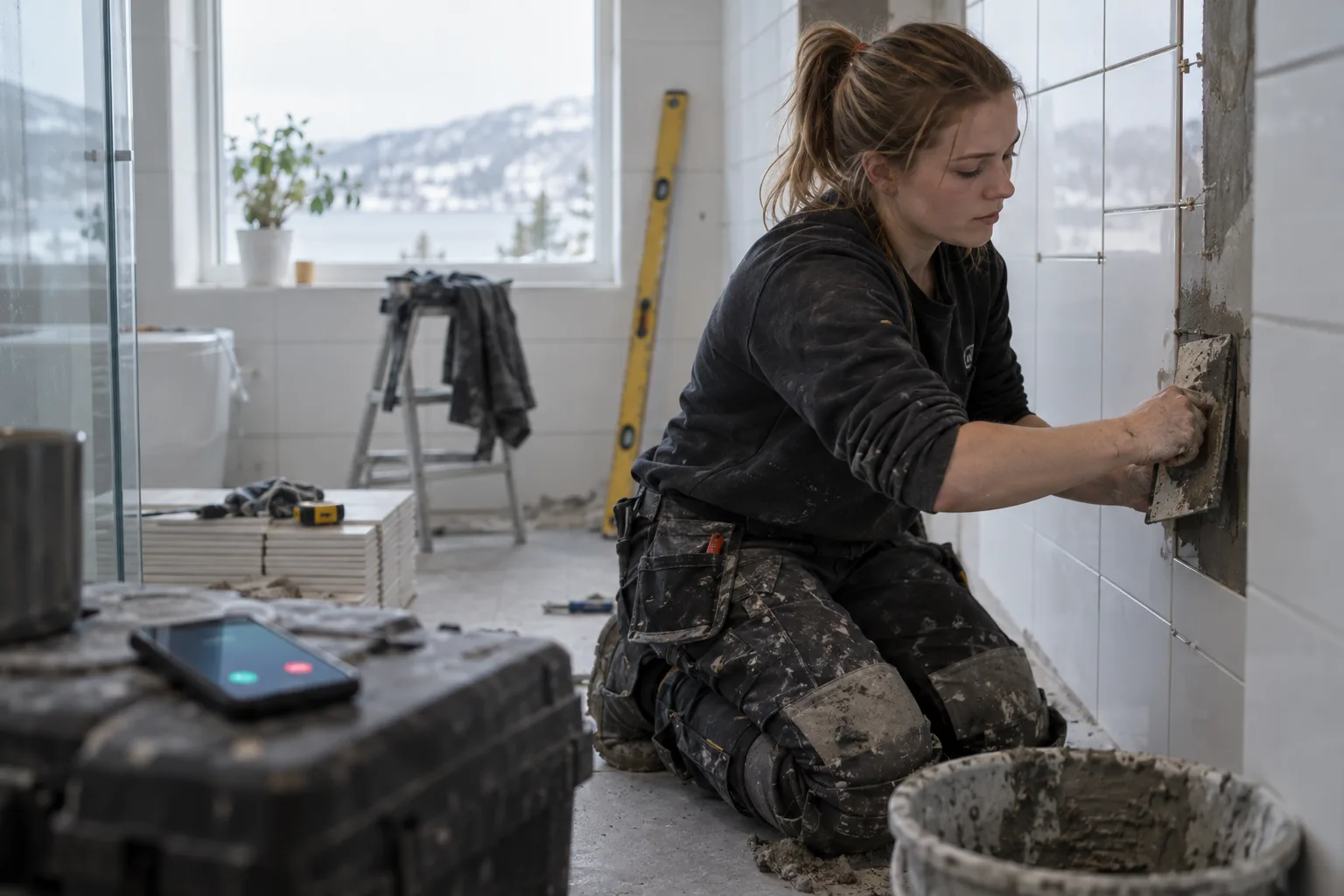 Illustrasjonsfoto: håndverker legger fliser på et baderom mens en telefon ringer
